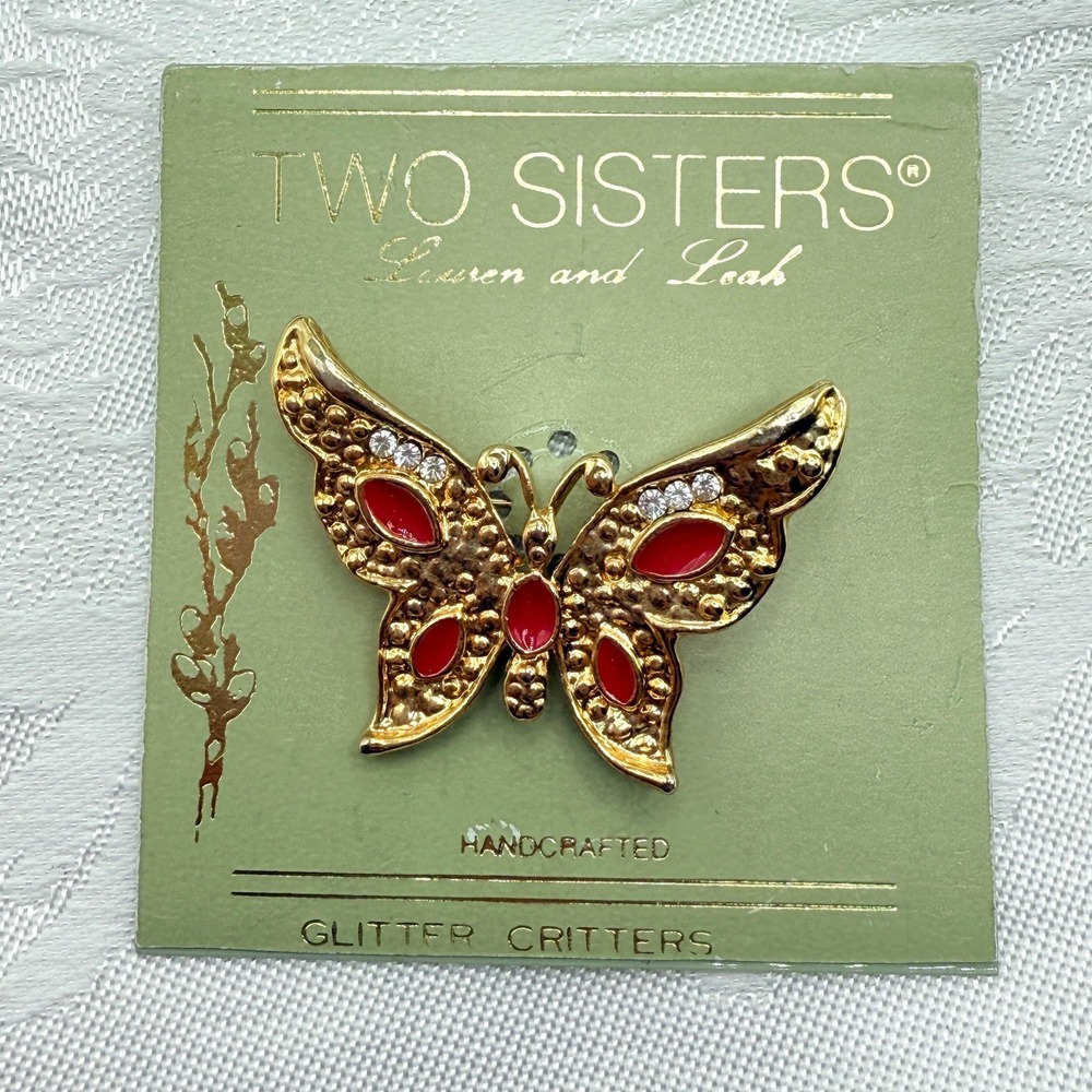 Two Sisters Butterfly Gold Tone Brooch w/ Rhinestones‎ and Red Enamel